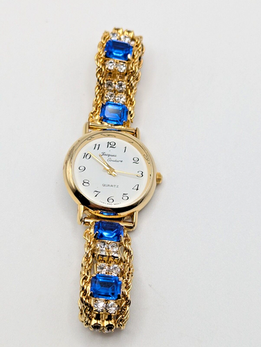 Jacques Couture Bling Watch Gold Tone Blue & Clear Crystals 7.5" New Battery EUC - Picture 4 of 7