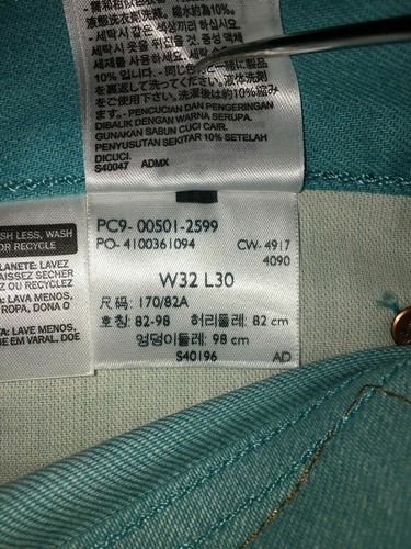Pantalones de mezclilla LEVI'S 501 para hombre botón mosca encogible para ajustarse verde azulado recto talla 32 X 30 NUEVO - Imagen 7 de 10