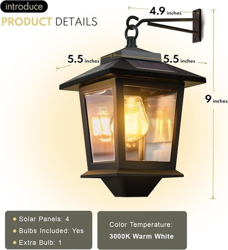 2 Pack Solar Wall Lanterns with Replaceable Bulb,Outdoor Hanging Solar Lights wi - Picture 7 of 7