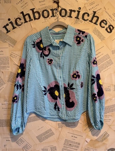 Anthropologie Maeve Embroidered Button-Down Floral Patchwork Turquoise XS NWT - Picture 6 of 7