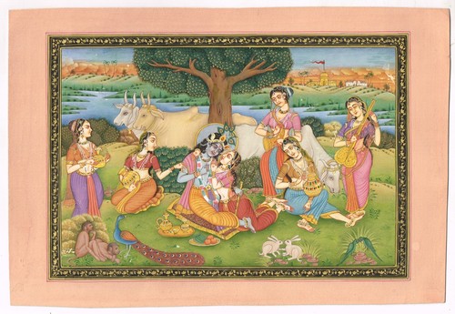 Radha Krishna Painting Of Indian Love Scene Gouache Art On Paper 12x8.5 Inches - Picture 1 of 7