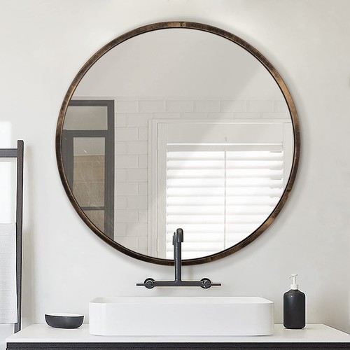ROUND WALL MIRROR BRONZE 24 INCH CIRCULAR METAL FRAMED WALL MOUNTED MIRROR HANGI - Picture 8 of 8