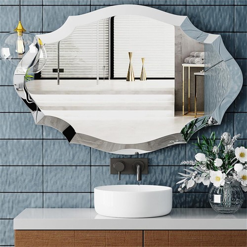 Scalloped Edged Oval Wall Mirror Frameless Wide Beveled Statement Accent Decor - Picture 2 of 16