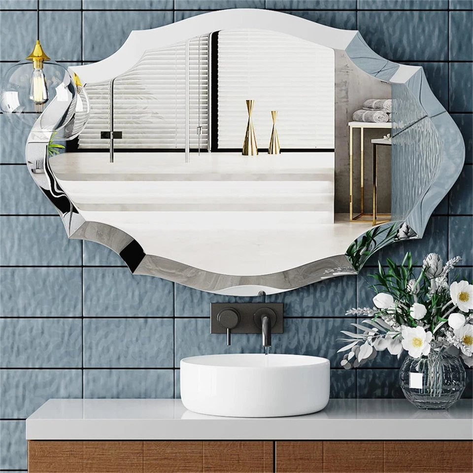 Scalloped Edged Oval Wall Mirror Frameless Wide Beveled Statement Accent Decor - Image 2 of 4