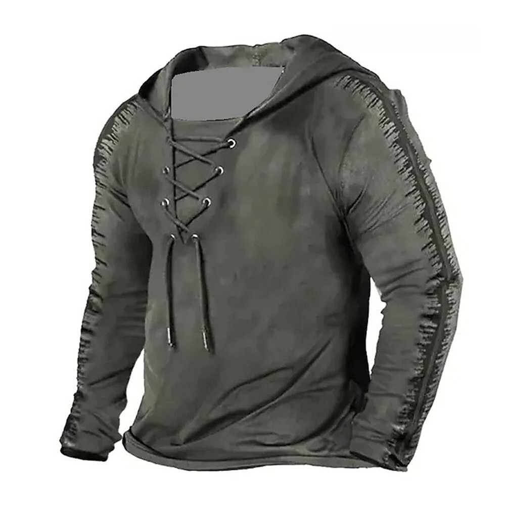 Mens Hoodie Sweatshirt with Lace Up Retro Style and Outdoor Long