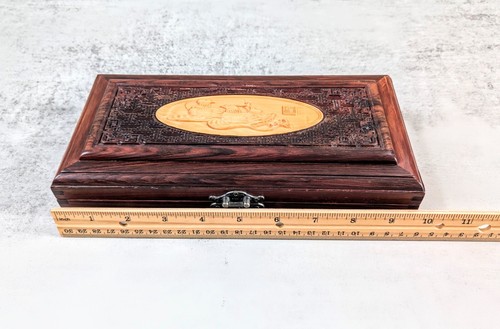 Vintage Chinese Rosewood Carved Jewelry Box w/ Carved Mandarin Duck Medallion - Picture 3 of 12