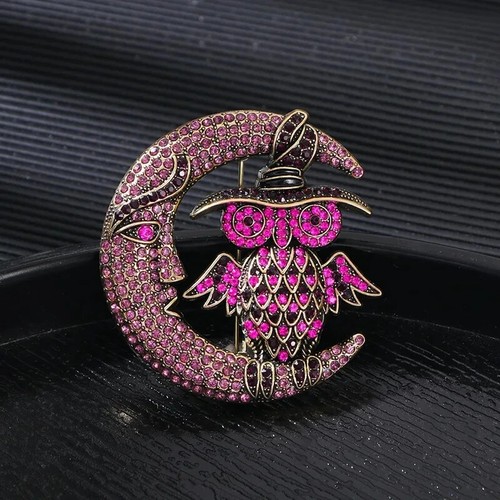 Vintage Retro Moon and Owl Bird Brooch Crystal Rhinestone Party Coat Pin Gift - Picture 7 of 10