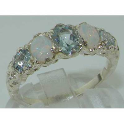 High Quality Solid White 9K Gold Natural Aquamarine & Opal English Ring