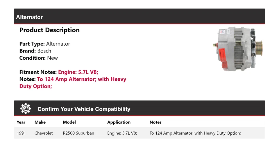Alternador Bosch V8 V8 5,7 L Suburban 1991 para Chevrolet R2500 (nuevo) Foto 2 de 4