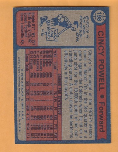 Cincy Powell Virginia Squires 1974-75 Topps #198 Baton Rouge Louisiana 4O - Imagen 2 de 2
