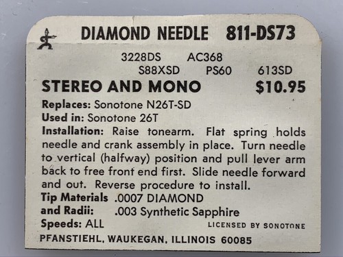 NOS PFANSTIEHL #811-DS73 STYLUS NEEDLE Replacement for SONOTONE N26T-SD