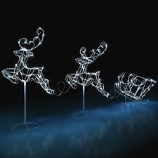 Flying Reindeer Sleigh Light Outdoor Christmas Decoration White Wire LED 3m Long