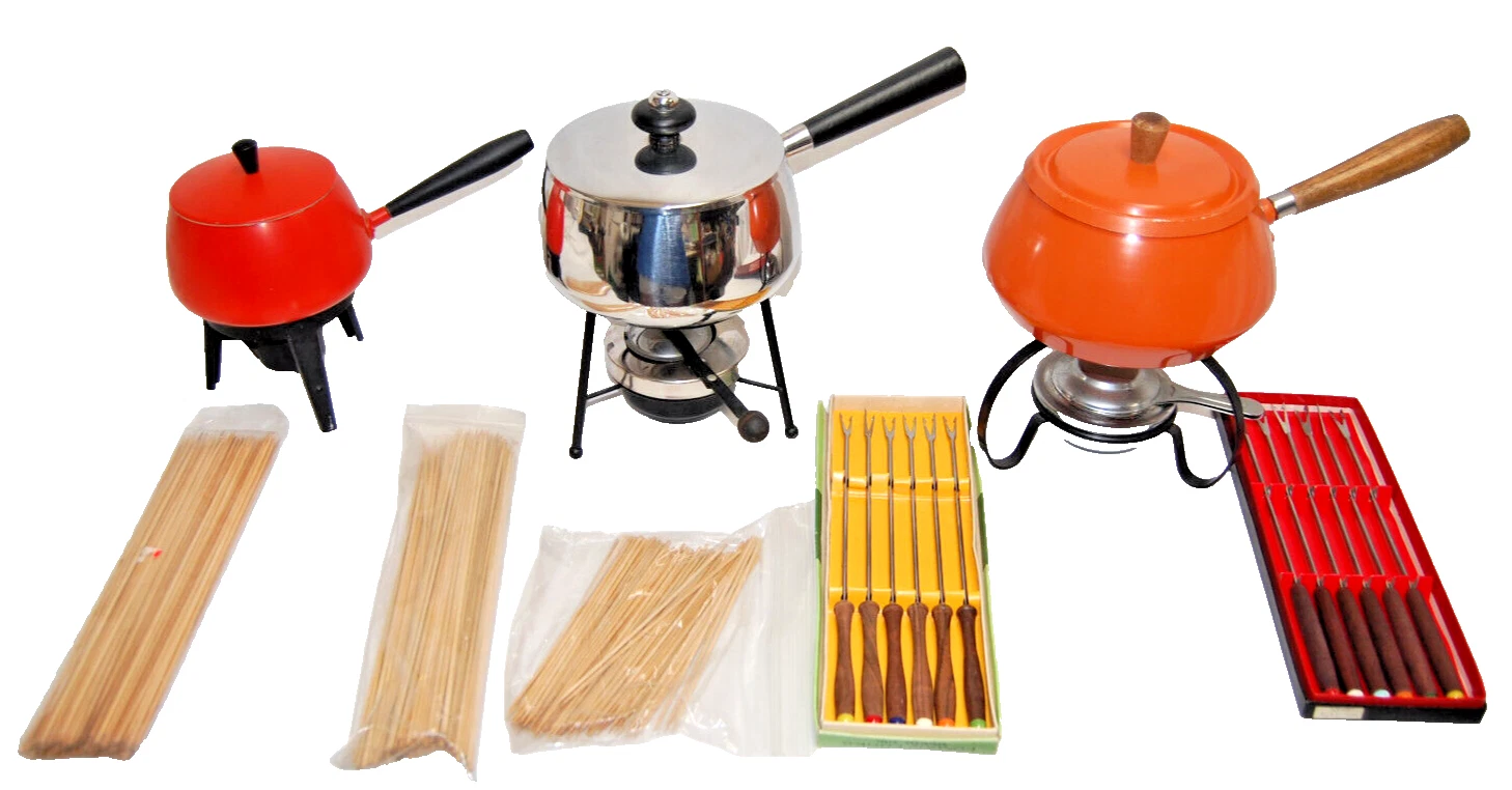 Fondue Pot Sets Lot of 3 Asst'd Colors & Sizes w/Forks & Wood Skewers Vtg L2876
