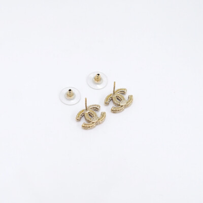 CHANEL CC Logos Rhinestone Stud Earrings Gold Tone B15B Auth