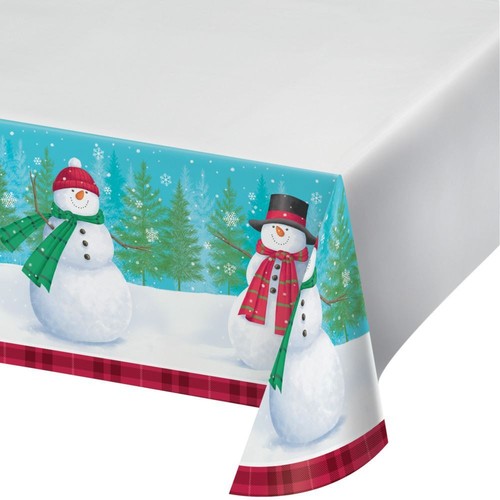 Smiling Snowman Friends Paper Tablecover 54 x 102 Border Print  - Picture 1 of 3