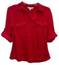 Coral Bay Women's Henley Style Shirt Size PM Red Collared Pockets 146