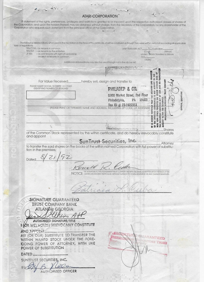 1986 1993  ATARI * *** AZIONE A  FIRMA TRAMIEL FONDATORE DELLA COMMODORE  *9 - Image 2 of 2