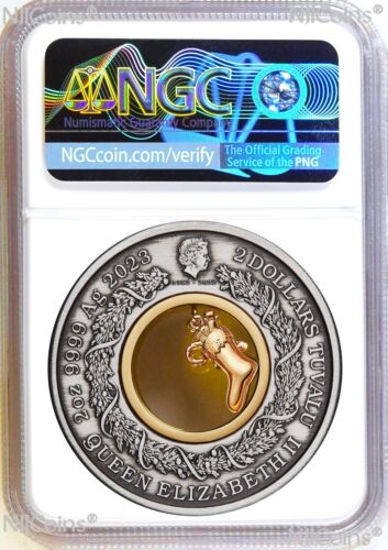 2023 Night Before Christmas 2oz Silver + gilt Stocking Insert Antiqued Coin MS69 - Picture 2 of 6