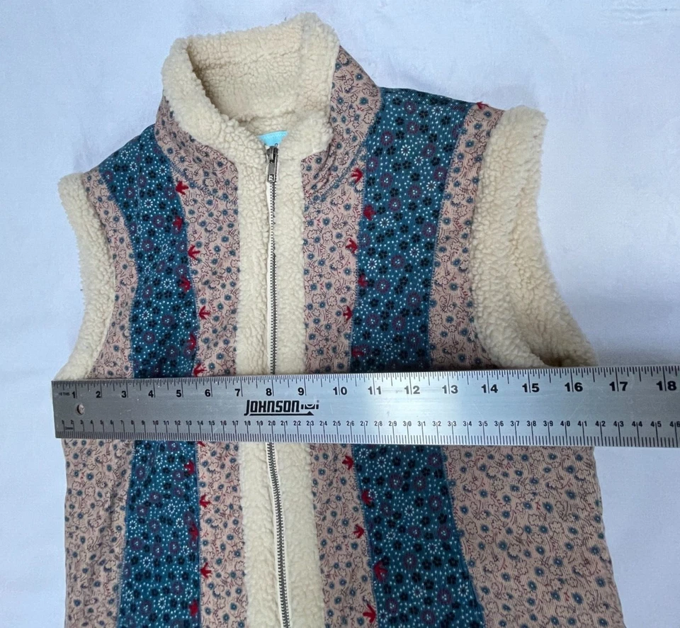 Chaleco Kimchi Azul Mujer Pequeño Sherpa Forrado Patrón Floral Cremallera Embalable Crema Foto 4 de 4