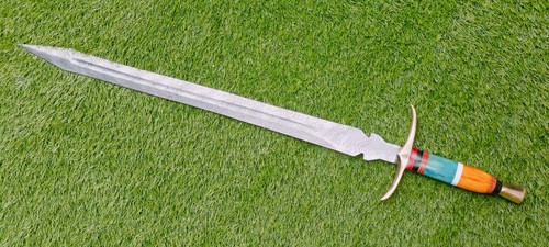 Handmade Damascus Steel Medieval Sword|Functional Viking Sword W/ Leather Sheath - Picture 12 of 16