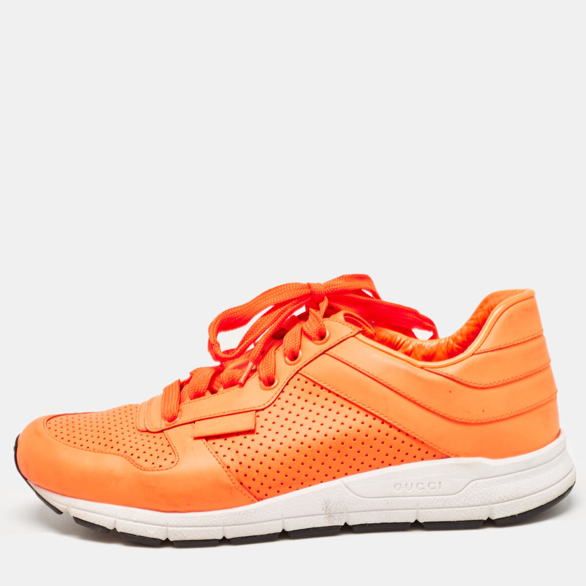 Gucci Neon Orange Perforated Leather Low Top Sneakers Size