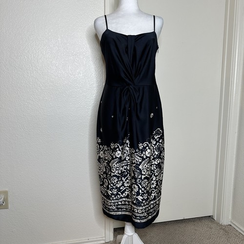 Donna Karan New York Floral Sleeveless Satin Navy Slip Dress - Picture 2 of 8