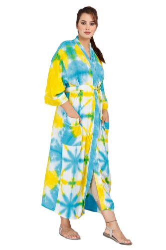 Womens Long Kimono Robes Cotton Tie Dye Bathrobe Printed Cover Up Sleepwear - Picture 18 of 42