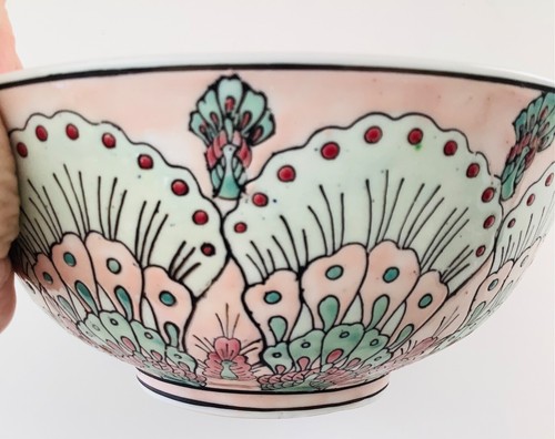 Antique Chinese Oriental Footed Hand Painted Pink Green Porcelain Peacock Bowl - Picture 9 of 12
