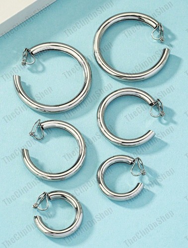 CLIP ON thick 3cm 4cm 5cm HOOP EARRINGS smooth plain SILVER/GOLD fashion HOOPS - Picture 7 of 30