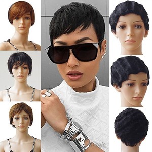 100 Human Hair Wigs Natural Short Pixie Cut Full Wig Off Black