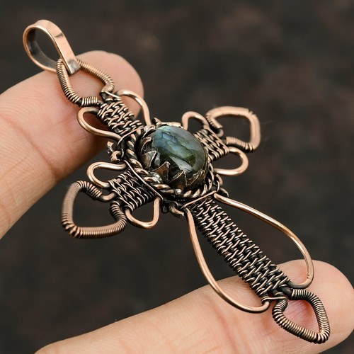 Colgante Cruz Envuelto en Alambre Labradorita Hecho a Mano Cobre Étnico Regalo 3.19" - Imagen 3 de 7