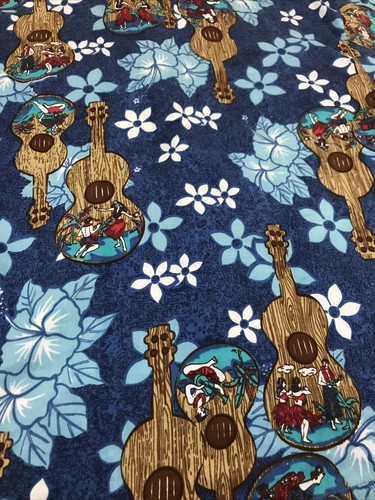 Vtg Monzini Collection Italy Cotton Hawaiian Shirt Floral Hula Ukulele Blue Sz M - Picture 10 of 11