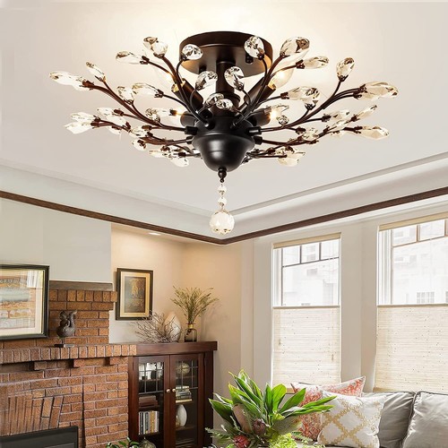 4 Light Rustic Crystal Flush Mount Ceiling Chandeliers For Living Room Kitchen - Picture 27 of 46