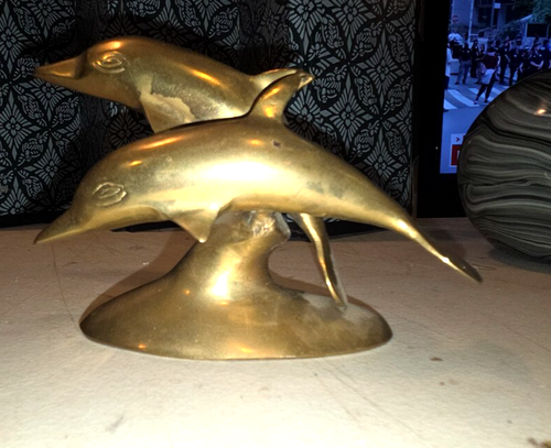 Solid Brass Swimming Dolphins Sculpture VTG 1950s Polished on a Pedestal MCM 10” - Picture 2 of 6