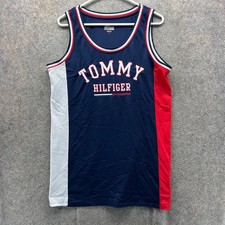 Vintage Tommy Hilfiger Tank Dress Women Medium Navy Red Mesh USA Flag Top Shirt