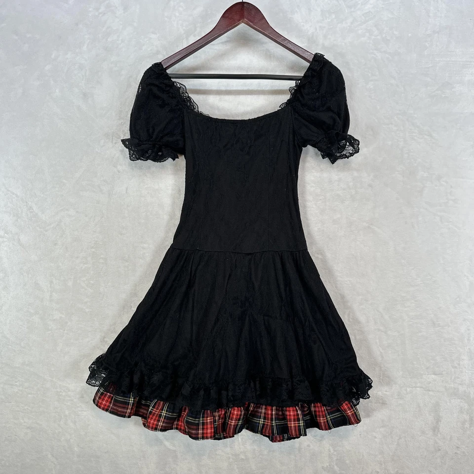 Vestido gótico de lolita y punk para mujer M negro corsé a cuadros encaje volantes caprichoso Foto 3 de 4