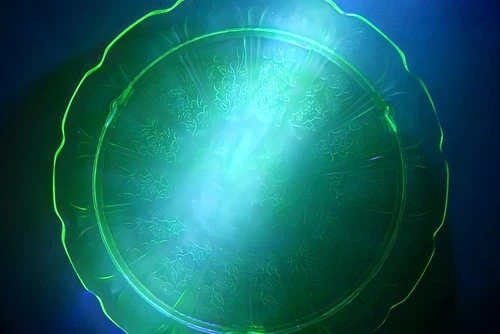 Jannette Cherry Blossom Uranium Glass Cake Plate 10 in Vaseline Glass