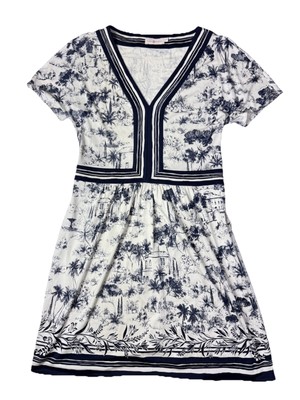 Tory Burch 100% Silk Toile De Jouy Ivory Navy Blue Mini