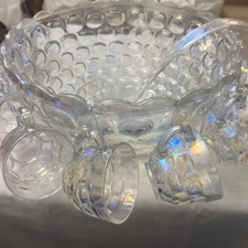 VTG Federal Glass Iridescent Thumbprint Punch Bowl w/8 Cups, Hooks, & Ladle