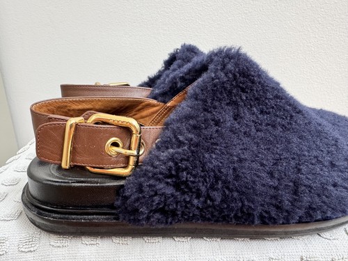 MARNI FUSSBETT NAVY SHEARLING LEATHER SLINGBACK MULE SHOES 38 EUC - Picture 2 of 5