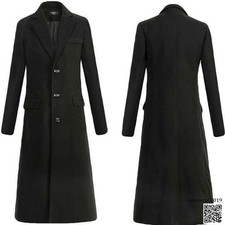 Mens Jackets Slim Fit Wool Blend Stand Collar Button Long Trench Coats Outwear