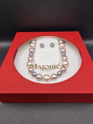 Majorica Pearl Necklace & Earrings 925 Silver Boxed Set Multicolour Large Pearls - Picture 2 of 19