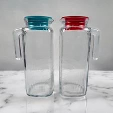 2 Vintage 9” Glass Pitchers Tea Water Juice Jug Carafe Decanters Made In Italy