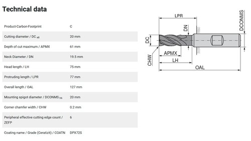 CERATIZIT WNT FRESA TERMINALE IN CARBURO SOLIDO Ф20 CCR-UNI.H-SA.20,0.30°Z6.HB.L127 DPX72S - Foto 5 di 5