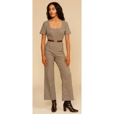 Rouje Paris Brown Houndstooth Jumpsuit Cropped Wide Leg Zip Front Size 36