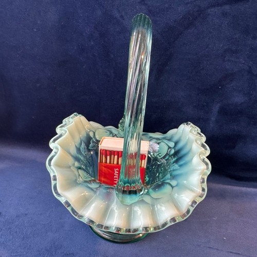 Vintage Fenton Turquoise Cabbage Rose Opalescent Glass Basket Manganese Glow VGC - Picture 12 of 13