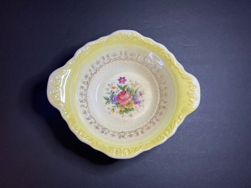 Vintage Cronin Minerva Ohio Yellow Ceramic Floral Print Bowl w/ Built in Handles - Picture 1 of 10
