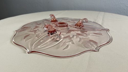 11” Lancaster Pink Etched Depression Glass Plate 3 Legs Beautiful Piece. - Picture 4 of 6