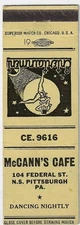 Vintage Matchbook Cover McCann's Cafe Pittsburgh PA Dancing Nightly CE 9616 B