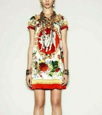 Dolce & Gabbana FW2011 Floral Baroque Cherubs Print Silk A-Line Dress IT38